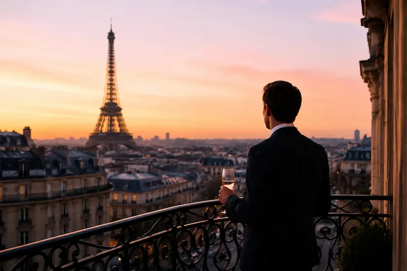 Well-dressed man in formal attire holding a glass of wine on a Paris balcony at sunset, overlooking the Eiffel Tower and Haussmannian rooftops, evoking French luxury lifestyle and discretion.